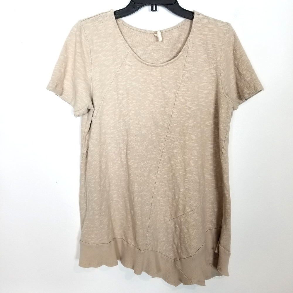 Chalet Women Tunic Top Sz L Beige Short Sleeve Lagenlook‎ Cotton Blend USA